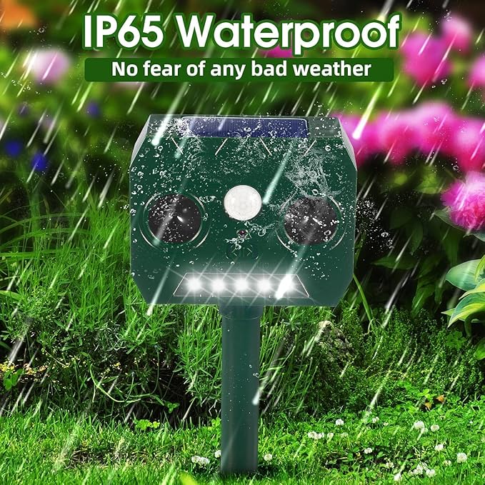 2025 Solar Ultrasonic Animal Repellent Sonic Fortress Pro Deer Repellent Rabbit Repeller Raccoon Squirrel Deterrent with Flash Light Motion Sensor to Keep Cat Dog Fox Skunk Out of Garden Yard(4Pack)