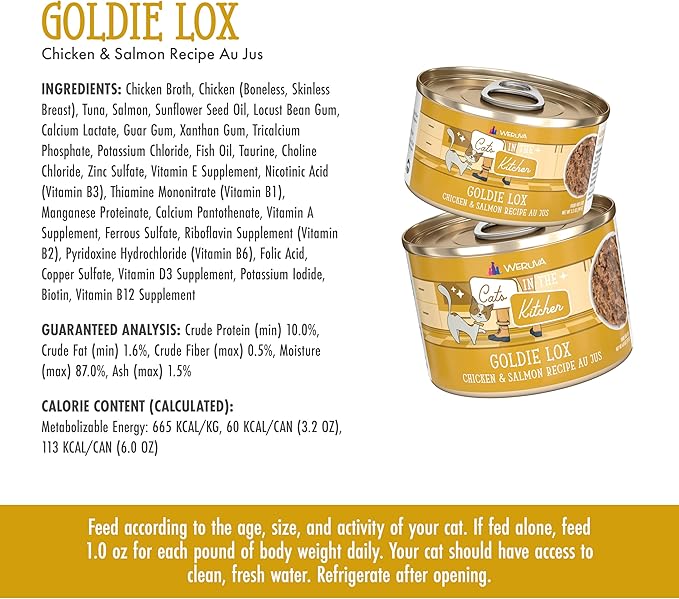 Weruva Cats in The Kitchen, Goldie Lox with Chicken & Salmon Au Jus Cat Food, 3.2oz Can (Pack of 24)