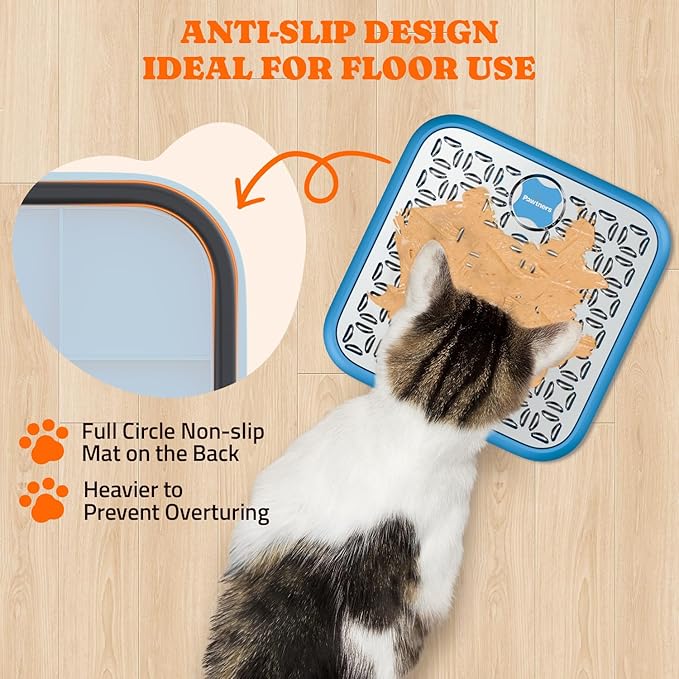 Lick Mat for Dogs & Cats, Stainless Steel Pet Slow Feeder for Crate Boredom & Anxiety Reduce, Cat Licking Pads with Spatula & Scrubbing Brush, Blue