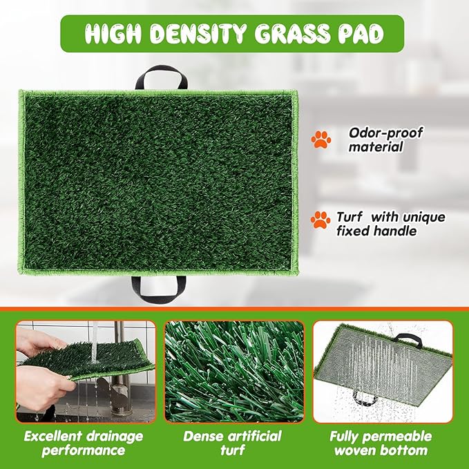 Shimeyao 2 Sets 3-layer Stainless Steel Dog Potty Tray with Artificial Grass Pad, Support Grid & Removable Stainless Steel Tray, 23.6" x 15.8" Portable & Reusable Dog Litter Box for Indoor Outdoor Use