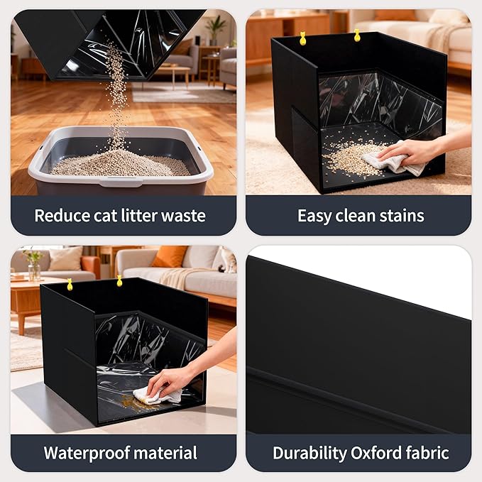 Aokeyee Waterproof Cat Litter Box Enclosure Splash Guard with Removable PVC Mat, Foldable Black Pet Litter Box Shield with 2 Hooks
