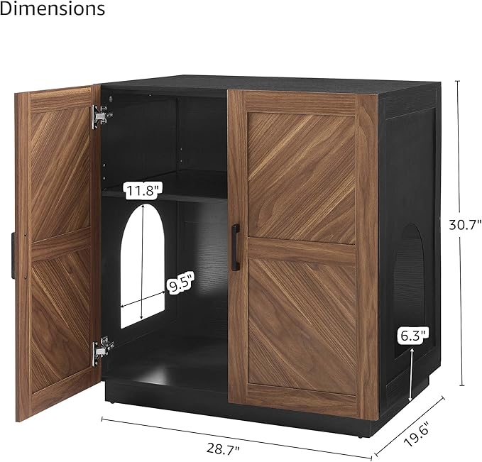 unipaws Cat Litter Box Enclosure Furniture with Storage Shelf, Tall Hidden Litter Box Cover for Tall or Top Entry Litter Box, Kitty Enclosed Cabinet, Cat Box with Odor Control, Walnut and Black