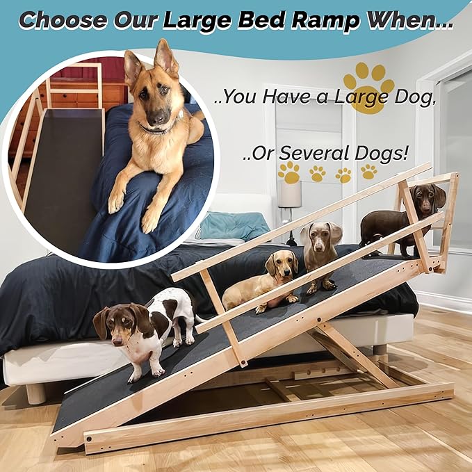 Large Dog Ramp for Bed, by DoggoRamps – Extra Wide Dog Ramp for Large Dogs to Get on High Beds up to 35" Tall – Wide Ramp with Rails, Platform & Non-Slip Grip – Made in N America from Solid Hardwood