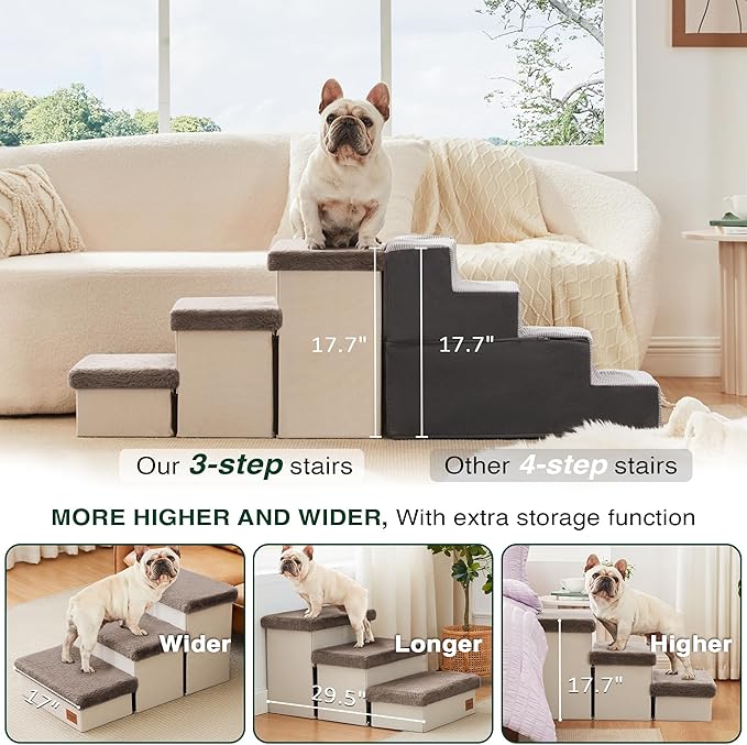 Love's cabin Dog Stairs for High Bed 18" H, 3 Steps with Furry Lids Pet Stairs for Small Medium Large Dogs, Foldable Cat Ramp with Zip up to 200 lbs, Brown
