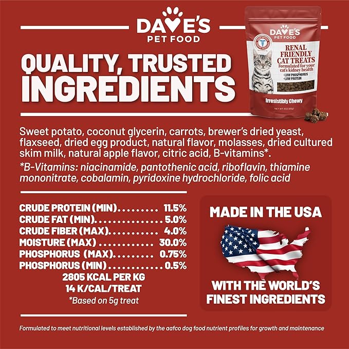 Dave's Pet Food Renal Cat Treats for Cat Kidney Support, (New Recipe!) Semi-Moist Healthy Treats with Kidney Support for Cats, Made in USA (2 Pack)