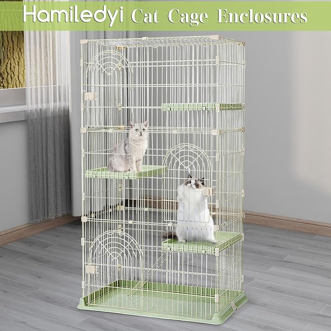 Hamiledyi 4-Tier Cat Cage Indoor Large Cat Enclosure with 1 Ramp Ladders 3 Platforms 3 Doors Metal Cat Playpen Outdoor Kitten Cage for 1-3 Small and Medium Pets (Green)
