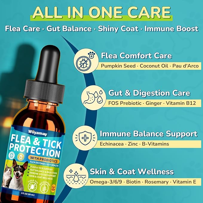 Flea Defense + Probiotic Support Drops, Natural Flea and Tick Prevention for Dogs and Cats, Cat & Dog Flea Treatment & Probiotics Drop, Dual-Function Flea Prevention Drops, Chicken Flavor