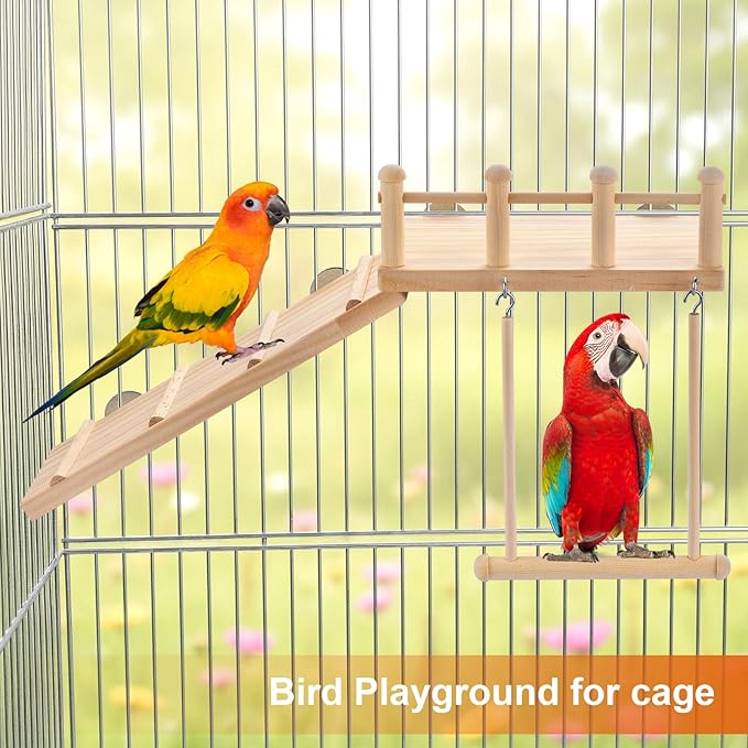 Wooden Bird Habitat Platform with Swing and Ladder - Sturdy Long Tailed Parrot cage Accessory, Suitable for Exercising and Entertaining Bird Games Gym - Perfect for Parrots, Canaries, Sparrows