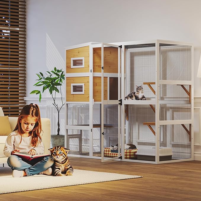 Large Indoor Cat Catio, 4 Tier Outdoor Cat Enclosures House for Cats with Waterroof Roof, 3 Resting Rooms, 3 Platforms, Cats Catio Connect to Window with 2 Large Door, Feral Pet Shelter, White