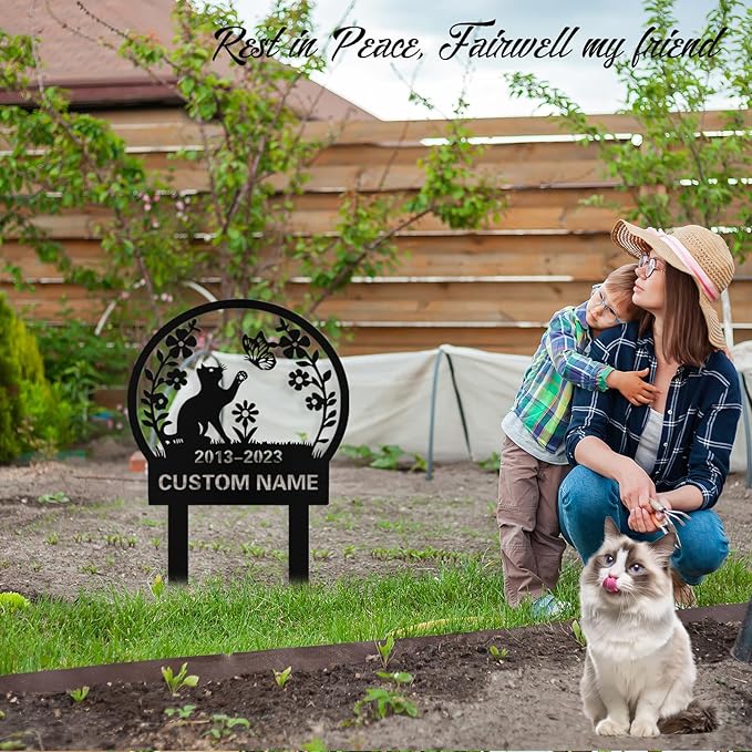 Custom Cat Grave Marker Outdoor, Personalized Metal Cat Memorial Grave Stake with Name and Date, Outdoor Waterrproof Cats Memorial Plaque