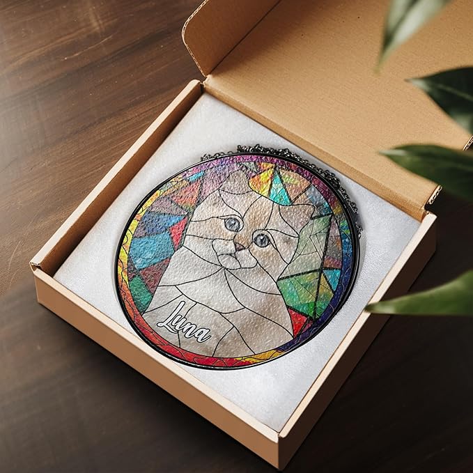 Lovely POD Personalized Cat Stained Glass Suncatcher, Memorial Keepsake Remembrance Gift for Fur Lovers, Custom Name Pet Photo Ornament Window Hanging, Home Decor, Sympathy Gift for Loss of Cat
