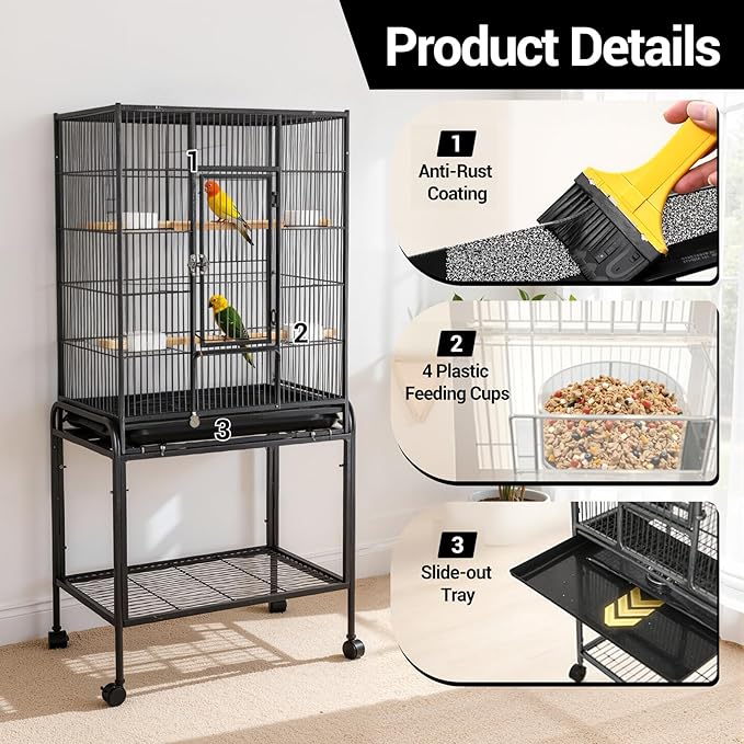53 Inch Bird Cage with Wooden Perches, Standing Wrought Iron Birdcage Large Parrot Flight Bird Cage with Rolling Stand Birdcages for Cockatiels African Grey Quaker Lovebird Canary Budgie Finch Black