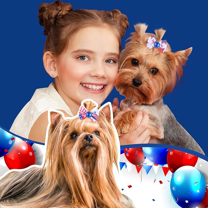 Tondiamo 100 Pack Independence Day Dog Hair Bows with Rubber Bands 4th of July Puppy Bows Rhinestone Patriotic Pet Hair Accessories Dog Bows Grooming for Small Girl Dogs (Star and Stripe)