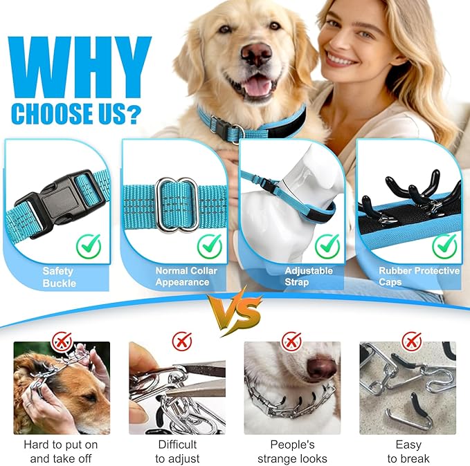 Lightweight Prong Collar for Dogs, Reflective No Pull Dog Collar | Adjustable Size Dog Pinch, Breathable Woven Fabric Air Grid Technology, Martingale Collar for Dogs Training(Blue-L)