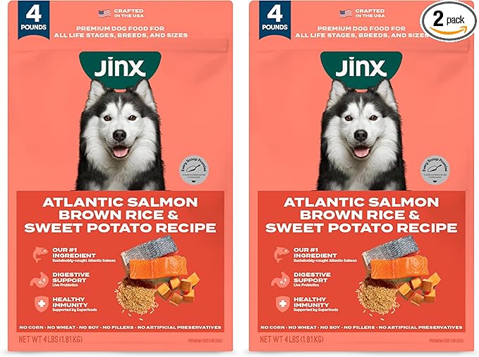Jinx Premium Dry Dog Food, for All Life-Stages - Real Salmon, Brown Rice & Sweet Potato Kibble with Superfoods for Immune Support & Probiotics for Digestive Support - No Fillers – 4lb (Pack of 2)
