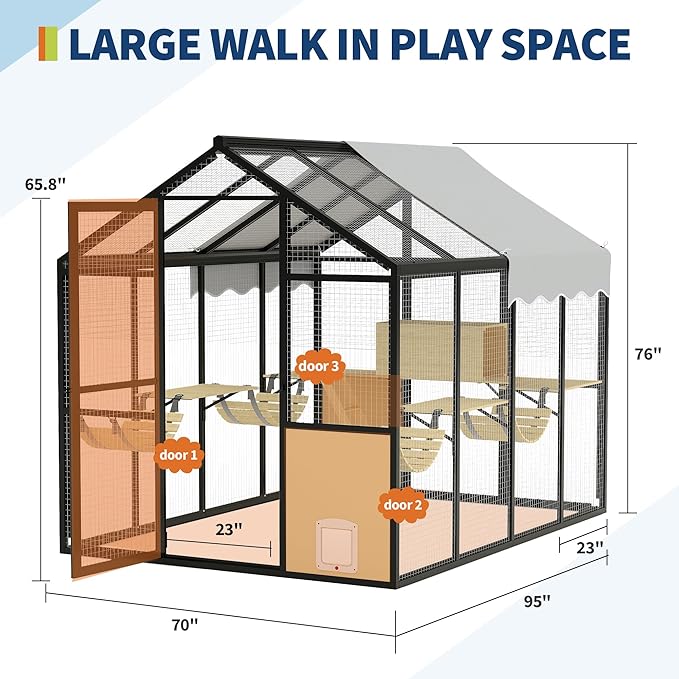 Large Outdoor Cat Enclosure for Multiple Cats - Weatherproof Catio with UV Cover, Platform & Side Door