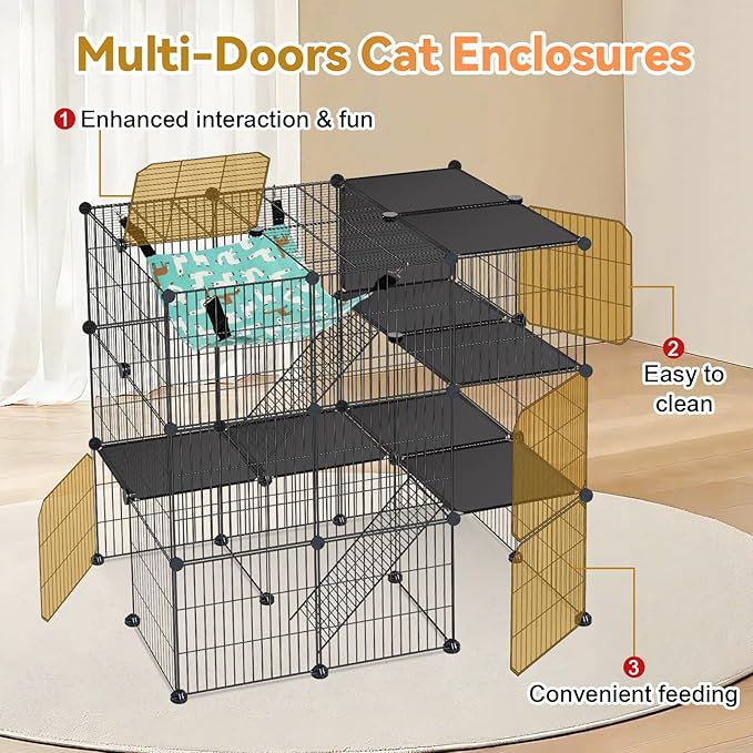 Cat Cage, 3-Tier DIY Cat Enclosures Catio, Cat Playpen Indoor & Outdoor with Hammock, Detachable Metal Wire Kennel Cats Crate, 2x3x3 Exercise Place for 1-3 Cats/Kitten