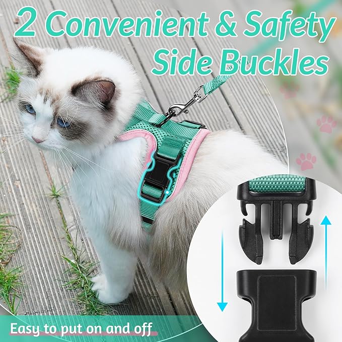 rabbitgoo Cat Harness and Leash for Walking, Escape Proof Soft Adjustable Vest Harnesses for Cats, Easy Control Breathable Reflective Strips Jacket, Green&Pink, XS