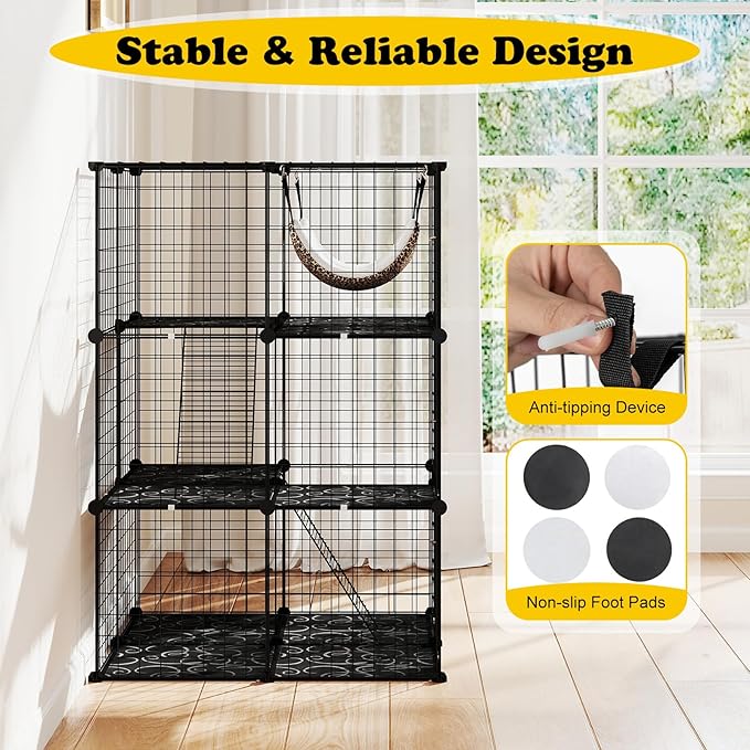 PETSITE 3-Tier Cat Cages Indoor, Metal Wire Cat Enclosure with Extra Large Hammock, 2 Ladders, and 4 Lockable Doors, Detachable Indoor Cat Catio Kennel for 1-3 Cats Kitten, Anti-toppling Kits Included