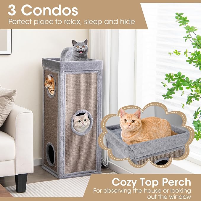 Tangkula 4 Story Cat Tree Condo, 39 Inch Multi-Layer Cat House with Sisal Scratch Pad, 3 Hideaways, Removable Soft Top Plush Bed, Barrel-Shaped Pet House Tower for Indoor Cats, Modern Cat Furniture