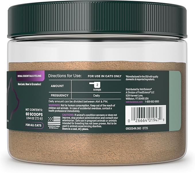 VetriScience Kidney Health Powder, Renal Essentials Supplement for Cats, Kidney Care and Support with Mushroom, Astragalus Root, Nettle Seed and Herbs, Chicken & Cheese, 60 Scoops
