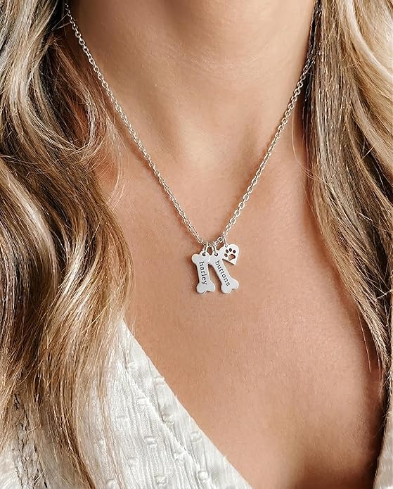 Custom Dog Bone Memorial Necklace With 925 Sterling Silver Paw Print Charm - Memorial Necklace With Personalized Names For Dog Lovers - Pet Jewelry Puppy Animal Pendant