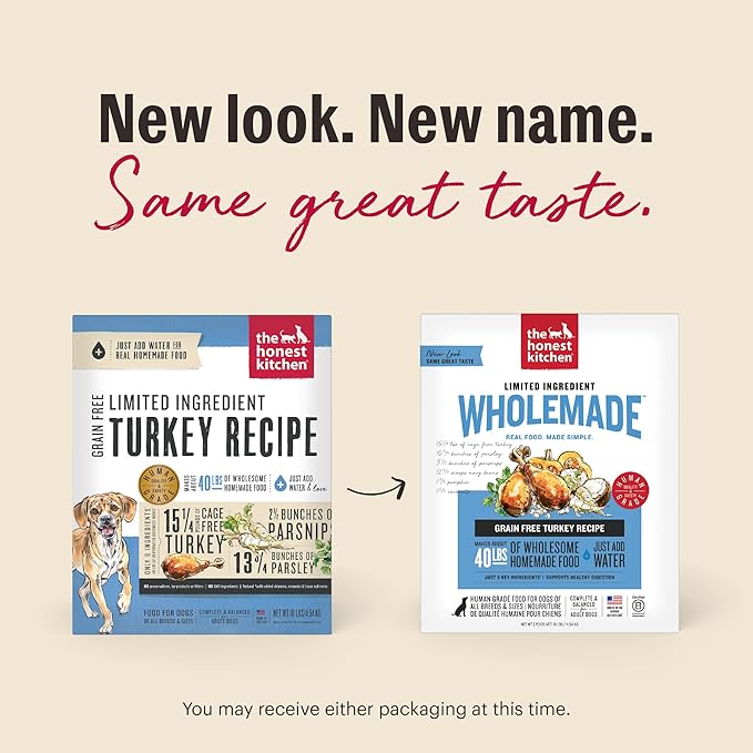 The Honest Kitchen Human Grade Wholemade™ Dehydrated Dog Food, Limited Ingredient Dog Food, Turkey, 10 lb (makes 40lbs)