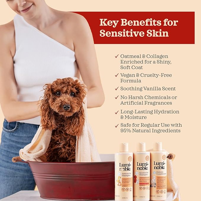 Hypoallergenic Sensitive Dog Shampoo - Dog & Cat Oatmeal, Collagen Infused & Best Vanilla Scent - Vegan, Anti-Itch Formula for Itchy, Dry Skin, Cruelty Free Pet Shampoo – Natural Grooming for Pets