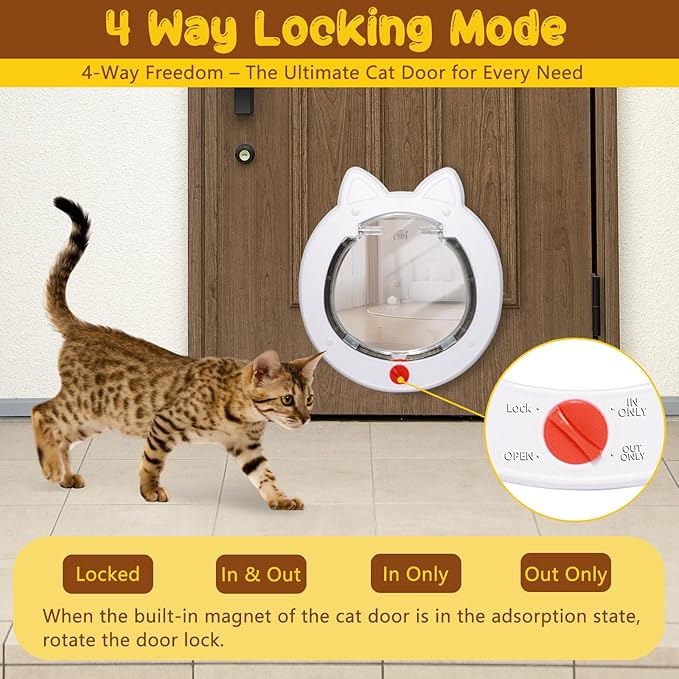 Cat Door with 4 Way Lock, Cats Doors for Interior Exterior Gate, Weatherproof Magnetic Pet Door for Cats and Small Dogs, Cat Flap Doors, Easy to Install, 7.5" x 7.5" Inner Frame (White)