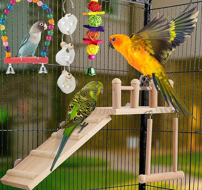 8Pcs Bird Parakeet Toys Bird Perches Platform with Climbing Ladder Colorful Standing Chewing Toy Bird Cage Toys for Budgerigar, Parakeet, Conure, Cockatiel, Mynah, Love Birds, Finches