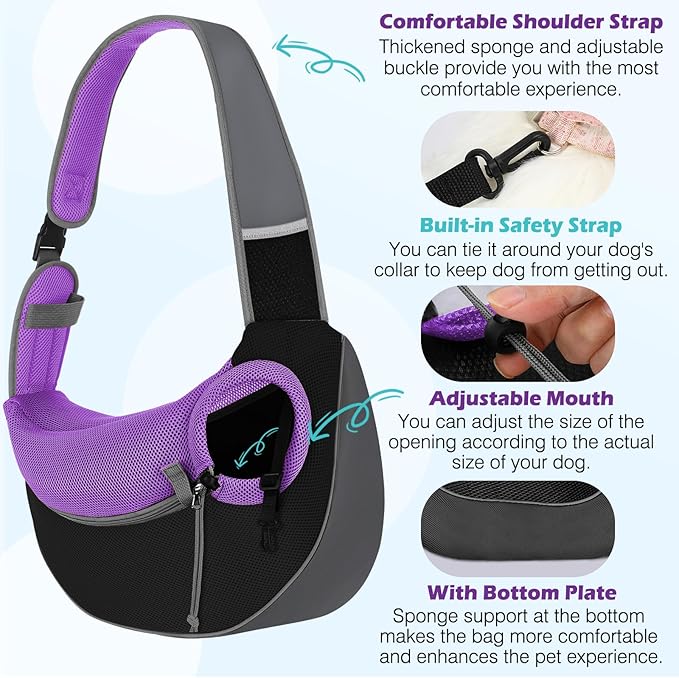Pawaboo Dog Sling Carrier, Hand Free Breathable Mesh Bag for Puppy Cat, Drawstring Dog Papoose with Adjustable Strap and Pocket, Crossbody Satchel Dogs Purse for Outdoor Travel, M, Deep Purple
