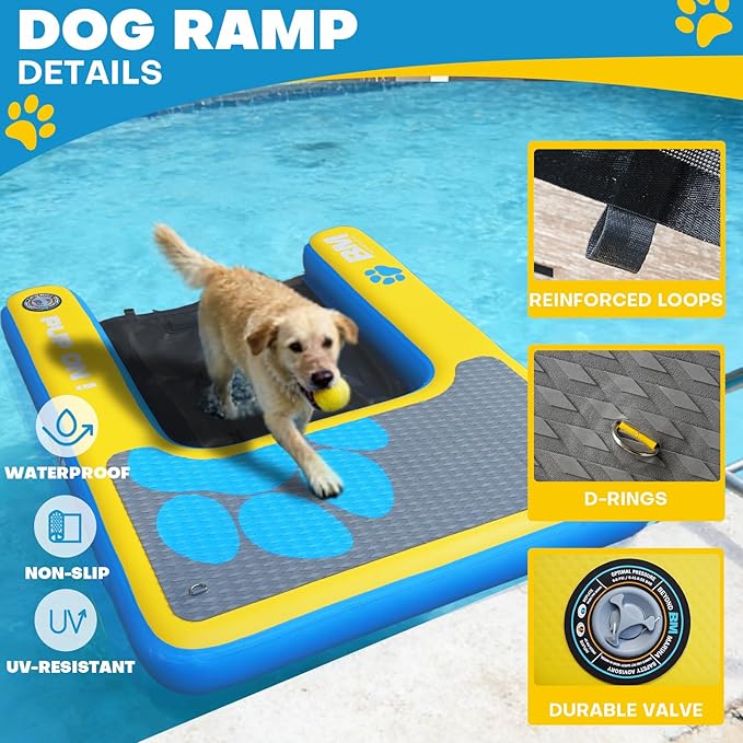 Beyond Marina Dog Pool Ramp, PUP ON! Inflatable Dog Water & Boat Ramp for Lake & Dock, Floating Pontoon Dock Ladder with Non-Slip EVA Platform, Extra Large 4 ft x 3.3 ft, Blue/Yellow, Supports 200 lbs