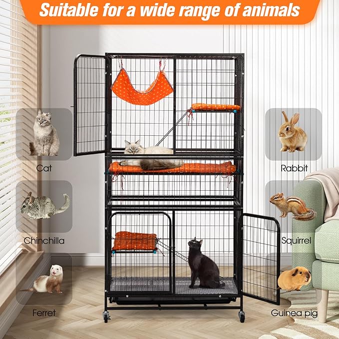 Cat Cages Indoor,4-Tier Ferret Cage, Large Wire Crates with Hammock, Cat Enclosure with 2 Ladders, Cat Kennel with Wheels for Kitten, Guinea Pig, Rabbit, Chinchilla, Black
