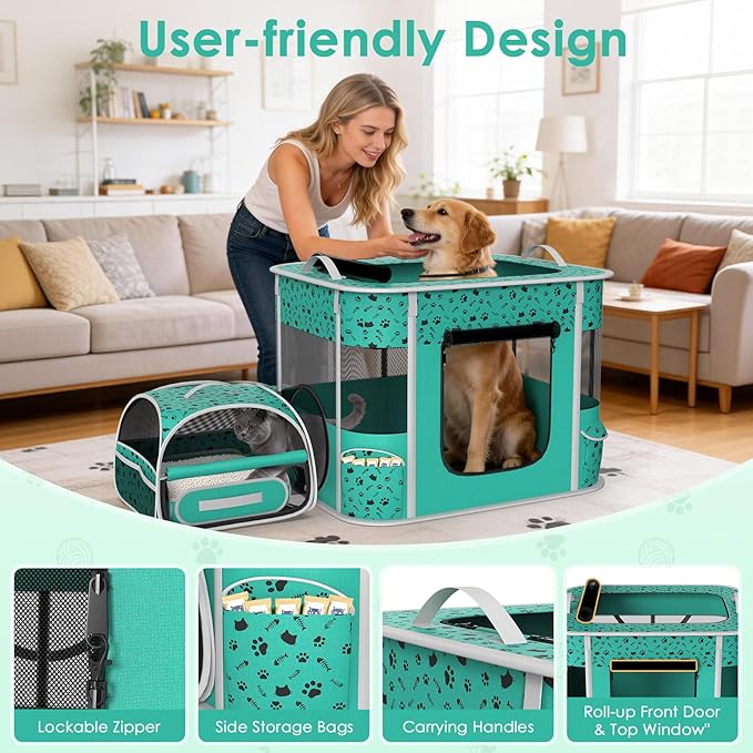 Cat Playpen - Portable Dog Playpen with Litter Box, Foldable Soft Dog Crate for Indoor/Outdoor, Pop Up Cat Enclosure, Collapsible Puppy Kitten Rabbit Cage Tent，2-Room