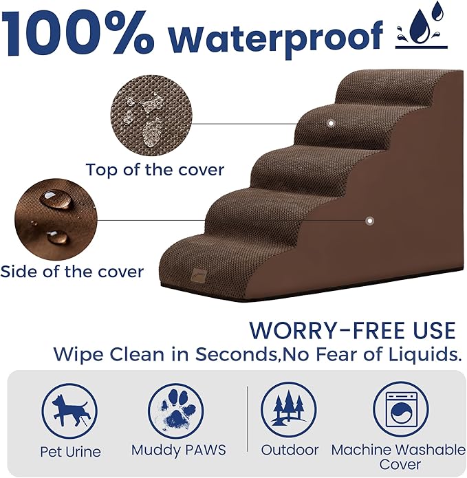 gogobunny Ramp Cat Dog Stairs for Beds, Cat Slope Stairs with Durable Waterproof Fabric Cover, Pet Steps for Old Large Dogs Climbing (Brown, 5-Step (33" D x 15.7" W x 22.6" H), 5.0)