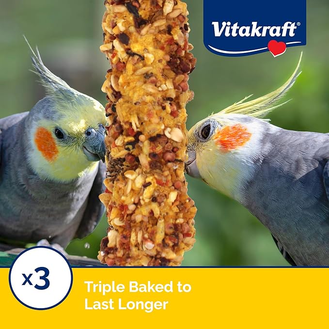 Vitakraft Crunch Sticks Cockatiel Treat Apple and Honey Flavor – 2 Sticks - Triple Baked for Extra Crunch – Natural Wood Chew Center with Cage Clip – Fortified with Vitamins and Minerals