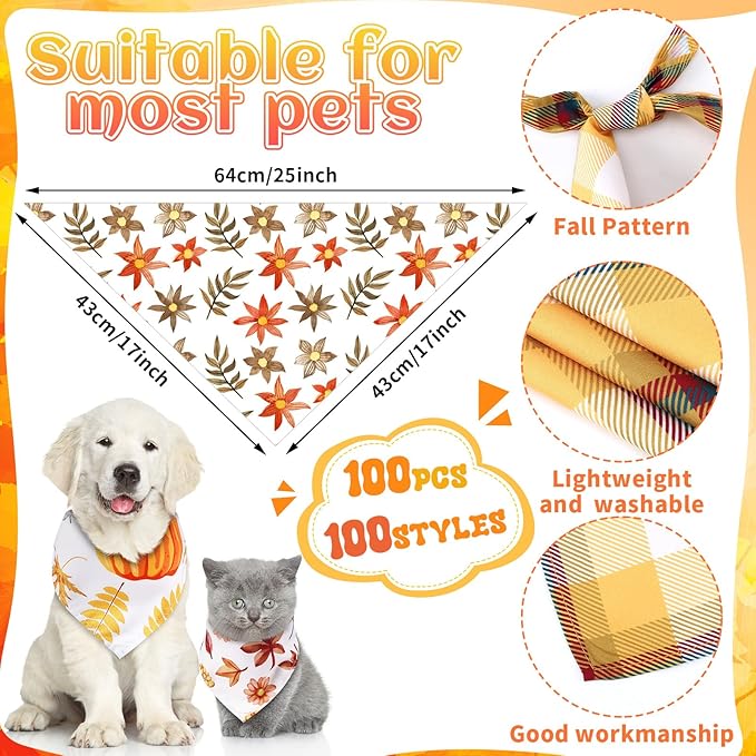 100 Pcs Fall Dog Bandanas Bulk Thanksgiving Pet Bibs Triangle Scarf Autumn Pet Bandanas for Medium Large Dogs Fall Autumn Harvest Festival Thanksgiving Costume Decor
