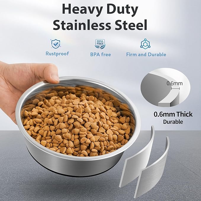 Stainless Steel Dog Bowls Set of 2, Anti Rust Metal & Non Slip Rubber Base, Heavy Duty Large Feeding Dishes, Food Grade BPA Free, Food and Water Bowl for Small Dogs (30oz, 3.8cup)