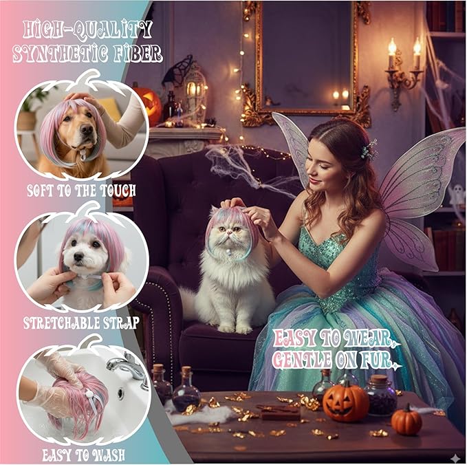 Pet Wig for Dogs & Cats, Cute Colored Hairpiece for Christmas Photos, Holiday Parties, Cosplay & Birthday Dress-Up, Adjustable Wig for Small Pets