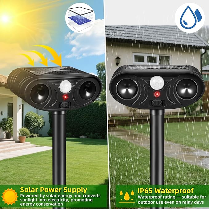 2026 Upgraded Solar Ultrasonic Animal Repellent Deer Repellent Devices Cat Deterrent Outdoor with Motion Sensor Dog Deterrent Keep Raccoon Squirrel Skunk Rabbit Away from Yard Lawn Garden 4 Pack