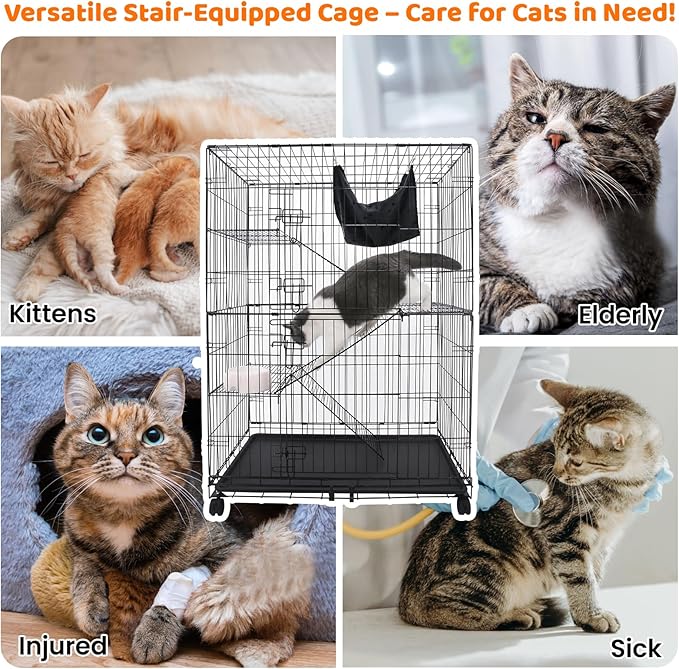 Homey Pet 50 Inch Cat Cages Indoor, Large 4-Tier Cat Crates for Indoor Cats, Collapsible Metal Wire Cat Kennel Big Multi-Level Cat Cage for Adult Cats Kitten Kitty with Hammock, Ramp, 360° Wheels
