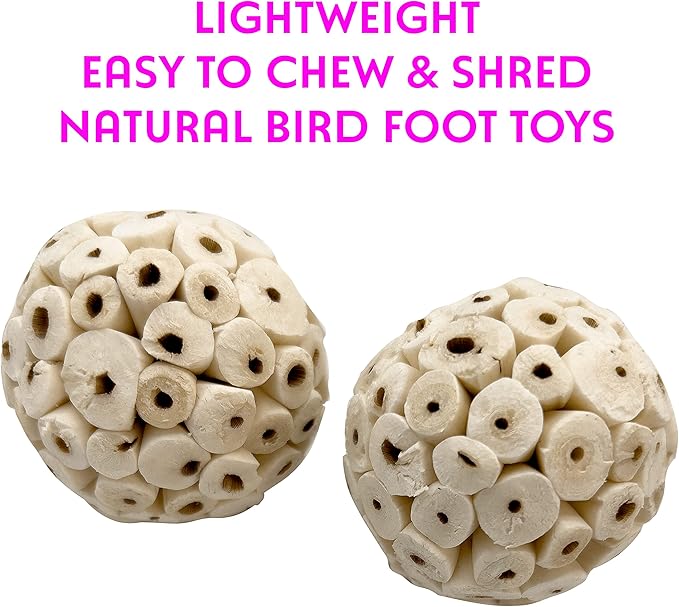 by M&M 5100 Small Sola Bird Balls Pk2 - Handmade Natural Sola Wood Balls, Foraging Fun, Lightweight, Effortless to Chew and Shred, Superb Bird Foot Toys for Small to Med Size Birds