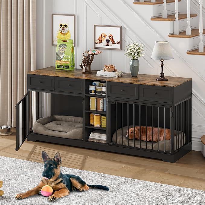 GAOMON Dog Crate Furniture for 2 Dogs, 82'' Large Dog Kennel Indoor with 4 Storage Drawers and 4 Shelves, Double Dog Crate TV Stand for Medium and Large Dogs, Black