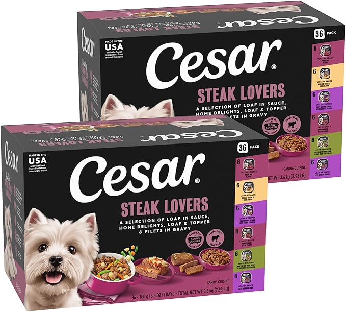 Cesar Adult Wet Dog Food Steak Lovers Variety Pack with Real Meat, 3.5 oz. Easy Peel Trays, 36 Count (Pack of 1)