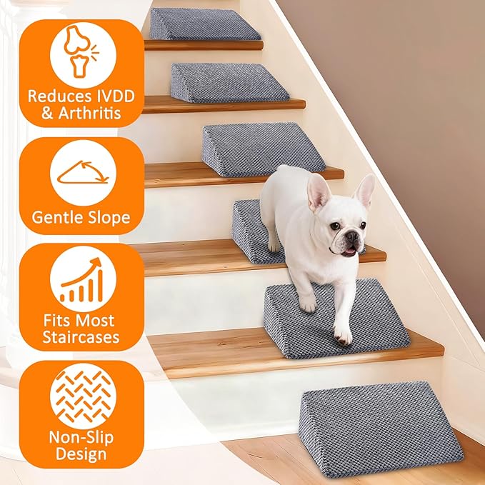 Dog Ramp for Stairs for Small & Senior Dogs and Cats – Non-Slip Stair Wedges for Dogs with Gentle Slope, Pet Ramp with Washable Cover & Self-Sticky Pads for Safe Climbing (Gray, 3 Pack)