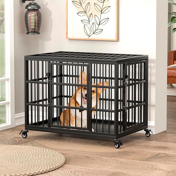 VERIFURTY 30 Inch Heavy Duty Dog Crate for Medium and Small Dogs with Self-Locking Latch, Escape-Proof Steel Kennel Indoor, Double Door Metal Pet Cage with Wheels and Removable Floor