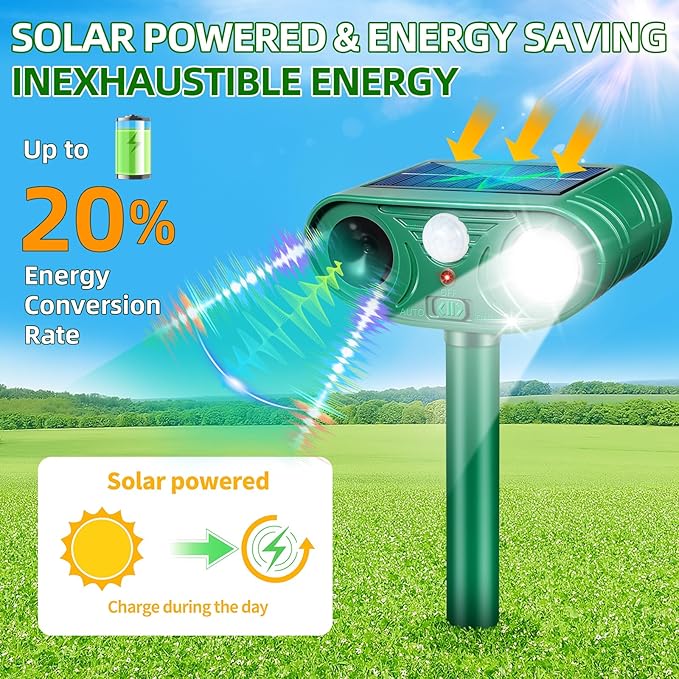 2026 Solar Ultrasonic Racoon Fortress Pro, Deer Cat Repellent Devices Animal Repeller Squirrel Rabbit Deterrent Outdoor with Motion Sensor&Flash Light to Scare Dog Out of Garden Yard(4Pack)