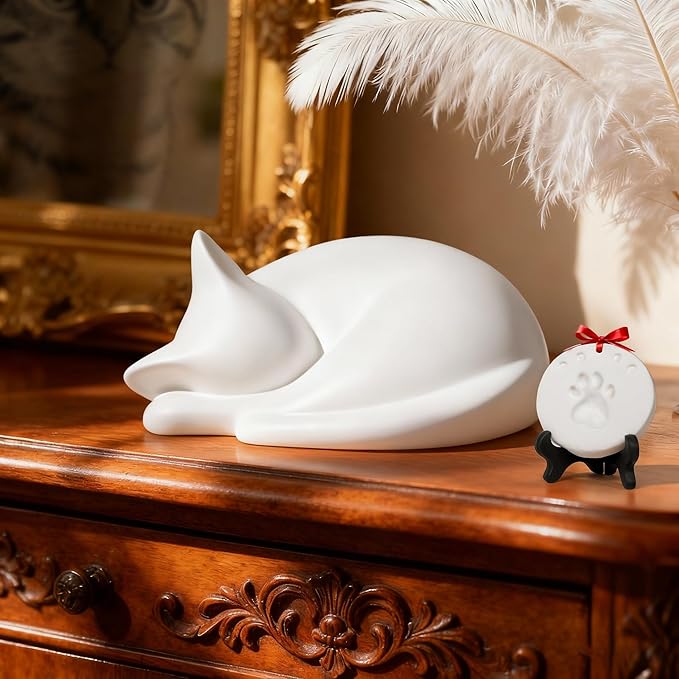 Sleeping Cat Urn for Ashes with Paw Print Kit, Capacity 0.5L, Carefully Handmade Resin Pet Urns for Cats, Thoughtful Pet Loss Gifts and Cat Memorial for Ashes Keepsake (White)