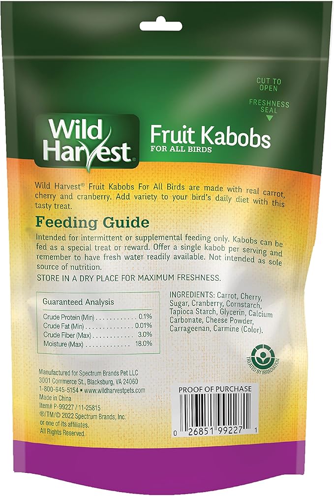 Wild Harvest Fruit Kabobs for All Birds, 6 Count, Made with Real Carrot, Cherry and Cranberry with Edible Skewer, 0.52 Ounce (Pack of 6)