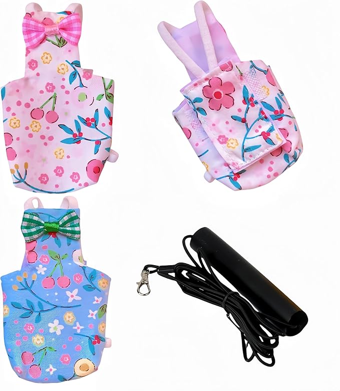 2 Pcs Bird Diapers Bird Harness Flight Suits Diapers with 80in Flying Leash Reusable Parrot Nappy with Waterproof Inner Layer for Cockatiel Budgie Conure Parakeet Lovebird-Blue&White